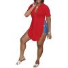 imageLYANER Womens Collar V Neck Button Down Slit Hem Short Sleeve Blouse Long Shirt TopRed