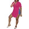 imageLYANER Womens Collar V Neck Button Down Slit Hem Short Sleeve Blouse Long Shirt TopRose