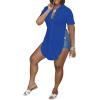 imageLYANER Womens Collar V Neck Button Down Slit Hem Short Sleeve Blouse Long Shirt TopRoyal Blue