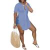 imageLYANER Womens Collar V Neck Button Down Slit Hem Short Sleeve Blouse Long Shirt TopLight Blue