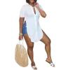 imageLYANER Womens Collar V Neck Button Down Slit Hem Short Sleeve Blouse Long Shirt TopWhite