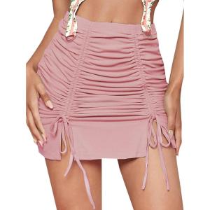 imageLYANER Womens Casual Drawstring Ruched Split Hem Ribbed Mini Short SkirtPink