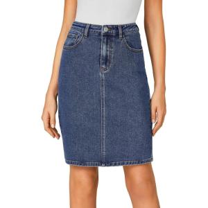 imageLYANER Womens Casual Stretch High Waist Bodycon Denim Jean Midi Skirt with PocketsBlue