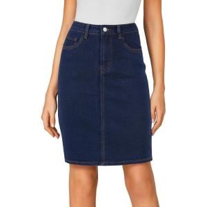 imageLYANER Womens Casual Stretch High Waist Bodycon Denim Jean Midi Skirt with PocketsNavy