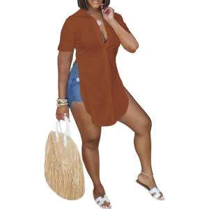 imageLYANER Womens Collar V Neck Button Down Slit Hem Short Sleeve Blouse Long Shirt TopBrown