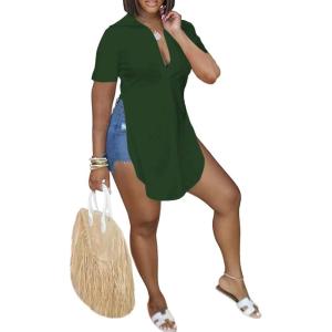 imageLYANER Womens Collar V Neck Button Down Slit Hem Short Sleeve Blouse Long Shirt TopDark Green
