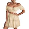 imageLYANER Womens 2 Piece Outfits Floral Off Shoulder Tie Up Crop Top and Mini Skirt SetBeige