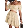 imageLYANER Womens 2 Piece Outfits Floral Off Shoulder Tie Up Crop Top and Mini Skirt SetBeige