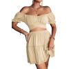 imageLYANER Womens 2 Piece Outfits Floral Off Shoulder Tie Up Crop Top and Mini Skirt SetBeige