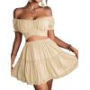imageLYANER Womens 2 Piece Outfits Floral Off Shoulder Tie Up Crop Top and Mini Skirt SetBeige