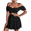 imageLYANER Womens 2 Piece Outfits Floral Off Shoulder Tie Up Crop Top and Mini Skirt SetBlack