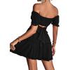imageLYANER Womens 2 Piece Outfits Floral Off Shoulder Tie Up Crop Top and Mini Skirt SetBlack