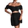 imageLYANER Womens 2 Piece Outfits Floral Off Shoulder Tie Up Crop Top and Mini Skirt SetBlack
