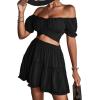 imageLYANER Womens 2 Piece Outfits Floral Off Shoulder Tie Up Crop Top and Mini Skirt SetBlack