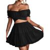 imageLYANER Womens 2 Piece Outfits Floral Off Shoulder Tie Up Crop Top and Mini Skirt SetBlack
