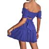 imageLYANER Womens 2 Piece Outfits Floral Off Shoulder Tie Up Crop Top and Mini Skirt SetBlue
