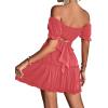 imageLYANER Womens 2 Piece Outfits Floral Off Shoulder Tie Up Crop Top and Mini Skirt SetCoral Pink