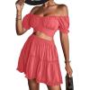 imageLYANER Womens 2 Piece Outfits Floral Off Shoulder Tie Up Crop Top and Mini Skirt SetCoral Pink
