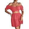 imageLYANER Womens 2 Piece Outfits Floral Off Shoulder Tie Up Crop Top and Mini Skirt SetCoral Pink