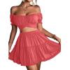 imageLYANER Womens 2 Piece Outfits Floral Off Shoulder Tie Up Crop Top and Mini Skirt SetCoral Pink