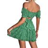 imageLYANER Womens 2 Piece Outfits Floral Off Shoulder Tie Up Crop Top and Mini Skirt SetGrass Green Floral