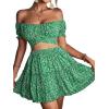 imageLYANER Womens 2 Piece Outfits Floral Off Shoulder Tie Up Crop Top and Mini Skirt SetGrass Green Floral