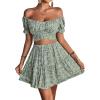 imageLYANER Womens 2 Piece Outfits Floral Off Shoulder Tie Up Crop Top and Mini Skirt SetGreen