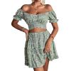 imageLYANER Womens 2 Piece Outfits Floral Off Shoulder Tie Up Crop Top and Mini Skirt SetGreen