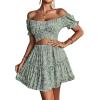 imageLYANER Womens 2 Piece Outfits Floral Off Shoulder Tie Up Crop Top and Mini Skirt SetGreen