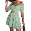 imageLYANER Womens 2 Piece Outfits Floral Off Shoulder Tie Up Crop Top and Mini Skirt SetGreen White Floral