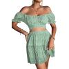 imageLYANER Womens 2 Piece Outfits Floral Off Shoulder Tie Up Crop Top and Mini Skirt SetGreen White Floral