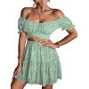 imageLYANER Womens 2 Piece Outfits Floral Off Shoulder Tie Up Crop Top and Mini Skirt SetGreen White Floral