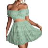 imageLYANER Womens 2 Piece Outfits Floral Off Shoulder Tie Up Crop Top and Mini Skirt SetGreen White Floral