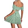 imageLYANER Womens 2 Piece Outfits Floral Off Shoulder Tie Up Crop Top and Mini Skirt SetGreen White Floral