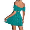 imageLYANER Womens 2 Piece Outfits Floral Off Shoulder Tie Up Crop Top and Mini Skirt SetLake Blue
