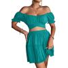 imageLYANER Womens 2 Piece Outfits Floral Off Shoulder Tie Up Crop Top and Mini Skirt SetLake Blue