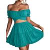 imageLYANER Womens 2 Piece Outfits Floral Off Shoulder Tie Up Crop Top and Mini Skirt SetLake Blue