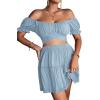 imageLYANER Womens 2 Piece Outfits Floral Off Shoulder Tie Up Crop Top and Mini Skirt SetLight Blue