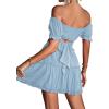 imageLYANER Womens 2 Piece Outfits Floral Off Shoulder Tie Up Crop Top and Mini Skirt SetLight Blue