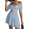 imageLYANER Womens 2 Piece Outfits Floral Off Shoulder Tie Up Crop Top and Mini Skirt SetLight Blue