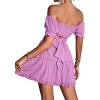 imageLYANER Womens 2 Piece Outfits Floral Off Shoulder Tie Up Crop Top and Mini Skirt SetLight Purple