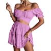 imageLYANER Womens 2 Piece Outfits Floral Off Shoulder Tie Up Crop Top and Mini Skirt SetLight Purple