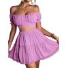 imageLYANER Womens 2 Piece Outfits Floral Off Shoulder Tie Up Crop Top and Mini Skirt SetLight Purple