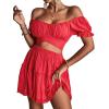 imageLYANER Womens 2 Piece Outfits Floral Off Shoulder Tie Up Crop Top and Mini Skirt SetLight Red