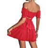 imageLYANER Womens 2 Piece Outfits Floral Off Shoulder Tie Up Crop Top and Mini Skirt SetLight Red