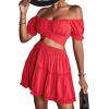 imageLYANER Womens 2 Piece Outfits Floral Off Shoulder Tie Up Crop Top and Mini Skirt SetLight Red