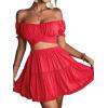 imageLYANER Womens 2 Piece Outfits Floral Off Shoulder Tie Up Crop Top and Mini Skirt SetLight Red