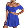 imageLYANER Womens 2 Piece Outfits Floral Off Shoulder Tie Up Crop Top and Mini Skirt SetLight Royal