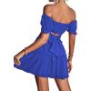 imageLYANER Womens 2 Piece Outfits Floral Off Shoulder Tie Up Crop Top and Mini Skirt SetLight Royal