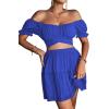 imageLYANER Womens 2 Piece Outfits Floral Off Shoulder Tie Up Crop Top and Mini Skirt SetLight Royal